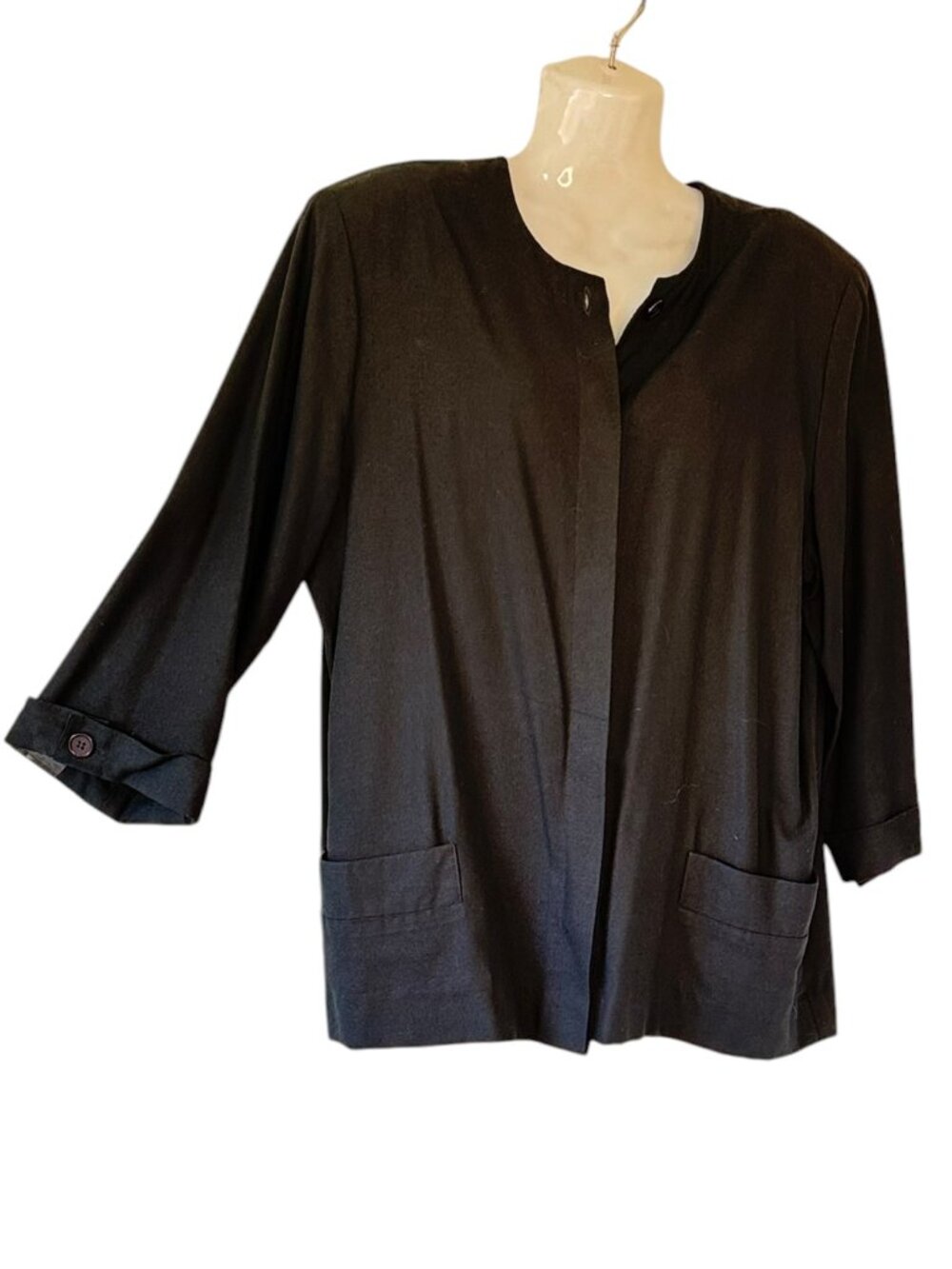 Vintage ILYA Silk Jacket Jewel Neck 2 Front Pockets Black Old Money Elegant  L